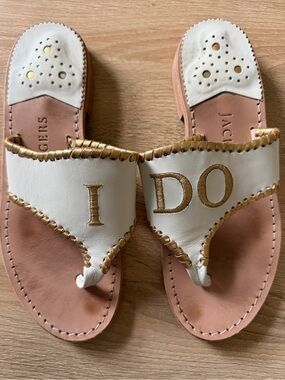 Jack Rogers White & Gold Bridal Leather Thong Sandals